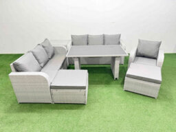 Fimous Rattan Garden Furniture Dining Set 9-Seater Patio Rectangular Table Sofa Set With Side Table 2 Big Stools Light Grey - thumbnail 2