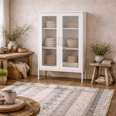 Wyld Haus Bramblewood White Matt Steel Cabinet With 2 Reeded Glass Doors And 3 Shelves 1015X650X360mm - image 1