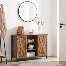 Songmics Storage Unit, Farmhouse Buffet Cabinet With Barn Door Design And Multi-Shelf Interior, Rustic Brown And Black - thumbnail 1