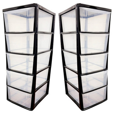 Pluto Packaging 2 X Tall Black Storage Tower Units With 5 Large Spacious Clear Plastic Drawers - image 1