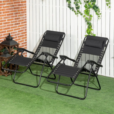 Outsunny Foldable Garden Recliner Chair Set Of 2 W/ Footstool & Headrest, Black - image 1