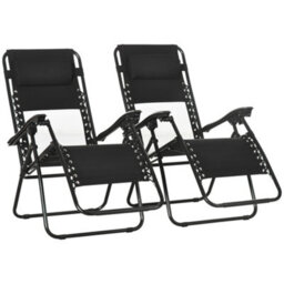 Outsunny Foldable Garden Recliner Chair Set Of 2 W/ Footstool & Headrest, Black - thumbnail 2
