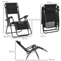 Outsunny Foldable Garden Recliner Chair Set Of 2 W/ Footstool & Headrest, Black - thumbnail 3