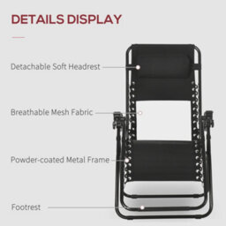 Outsunny Foldable Garden Recliner Chair Set Of 2 W/ Footstool & Headrest, Black - thumbnail 6