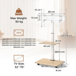 "Gainoom Rolling Natural Tv Stand On Wheels Mobile Tv Cart For 32""-75"" Tvs Portable Av Cart W/ 30 Degree Tilt Mount" - thumbnail 2