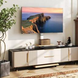 "Gainoom Rolling Natural Tv Stand On Wheels Mobile Tv Cart For 32""-75"" Tvs Portable Av Cart W/ 30 Degree Tilt Mount" - thumbnail 3