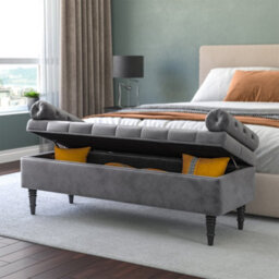 Living And Home Grey Linen Upholstered Bed End Bench Storage Ottoman Bench With Side Arms W 1260 X D 440 X H 460 mm - thumbnail 2