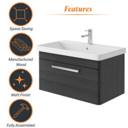 Plum&clay Emery Textured Black Wall Hung Bathroom Vanity Unit & Basin Set With Chrome Handles (W)80Cm (H)46Cm - thumbnail 6