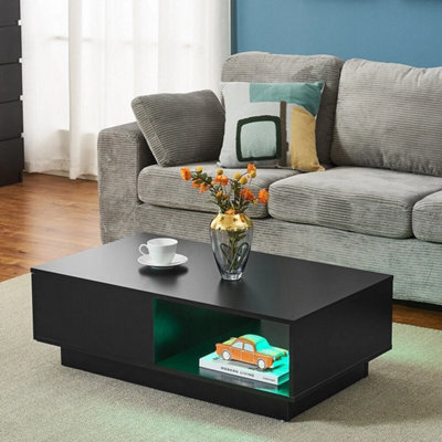 Black Modern Coffee Table With Storage Drawer Shelf Sofa Side End Table With Led Light - image 1