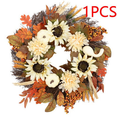Amorly 50Cm Fall Wreath For Front Door With White Sunflower Artificial Pumpkins,green Yellow Leaves Harvest Wreath For Thanksgiving Decor - image 1