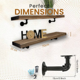 MKGT Industrial Pipe Bracket Wooden Floating Shelves, Rustic Wall Decor (Walnut, 70Cm) - thumbnail 2