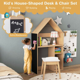 Costway 2-In-1 Kids Table And Chair Set House-Shaped Wooden Desk With Ample Storage - thumbnail 5