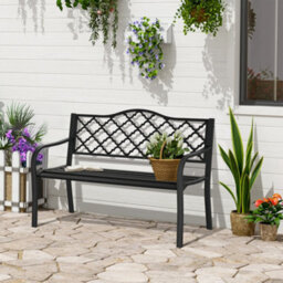 Outsunny 2-Seater Garden Bench Cast Iron Patio Antique Loveseat W/ Armrest