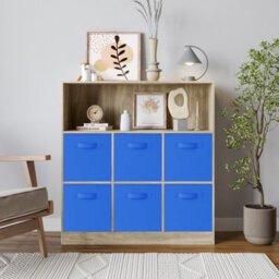 Urbn-Living Oak, Dark Blue - Wide 7-Cube Bookcase With Drawers - thumbnail 2