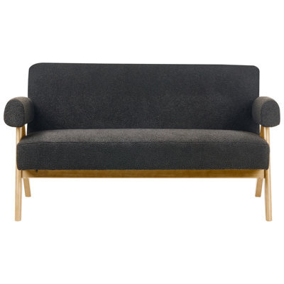 Wyld And Coco Bouclé 2-Seater Sofa Set With Bench Black And Light Brown - Compact Retro Design - image 1