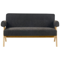 Wyld And Coco Bouclé 2-Seater Sofa Set With Bench Black And Light Brown - Compact Retro Design - thumbnail 1