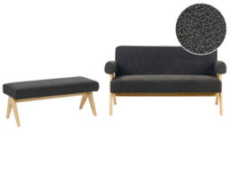 Wyld And Coco Bouclé 2-Seater Sofa Set With Bench Black And Light Brown - Compact Retro Design - thumbnail 3