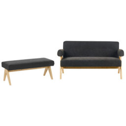 Wyld And Coco Bouclé 2-Seater Sofa Set With Bench Black And Light Brown - Compact Retro Design - thumbnail 4