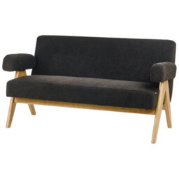 Wyld And Coco Bouclé 2-Seater Sofa Set With Bench Black And Light Brown - Compact Retro Design - thumbnail 6