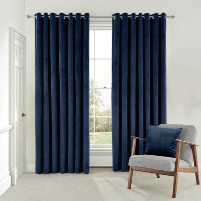 Moonlight Bedding Velvet Ring Top Curtains- Fully Lined Dim Out Blackout Pair, Ultra Soft Thermal Curtains (Navy, 90 X 90 Inch) - image 1