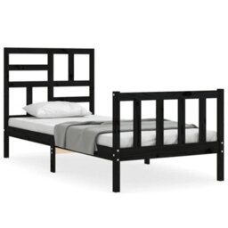 Berkfield Bed Frame With Headboard Black Small Single Solid Wood - thumbnail 2
