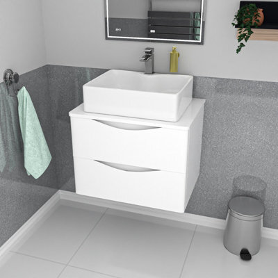 Nes Home 600mm White Wall Hung Vanity Unit, Worktop With Square Bowl Basin - image 1