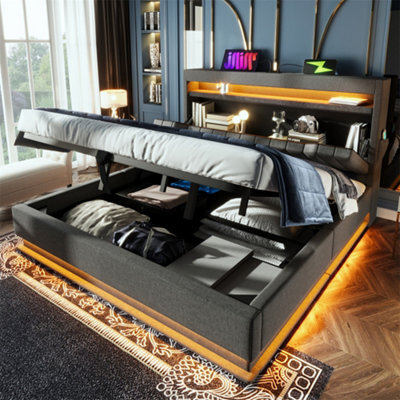 Abrihome Smart Upholstered Storage Bed With Led Headboard & Charging, 135X190Cm, Grey (No Mattress) - image 1
