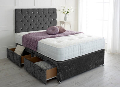 Adore Designs Chesterfield Crushed Velvet Divan Bed, With Pocket Mattress - 4Ft6 Double - Black - 2 Drawers Same Side - image 1