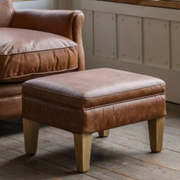 Xample Gallery Mr. Paddington Vintage Brown Leather Footstool Solid Wood Legs Top Grain Leather Comfortable Ottoman