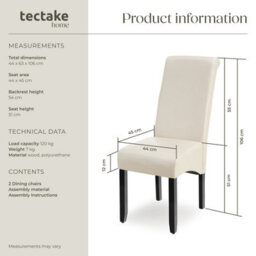 Tectake Set Of 2 Dining Chair - Ergonomic Seat Shape, High Backrest, Padded, Faux Leather  - Cream - thumbnail 6
