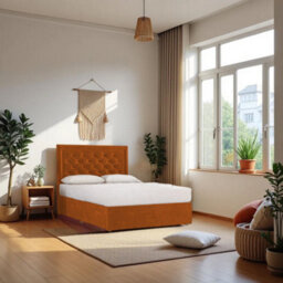 "Knight Sleep Ellis Orange Plush 5Ft Bed Set With Mattress, 2 Drawers Same Side & 24""headboard - King Size" - thumbnail 1