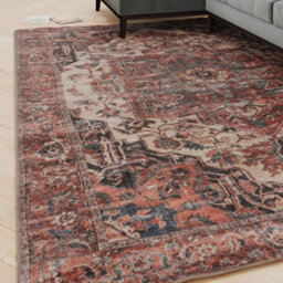 Loomed Oriental Design Cotton Chenille Rug Rust Navy Cream Machine Washable 240Cm X 330Cm - thumbnail 1
