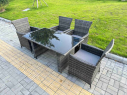 Fimous Rattan Garden Furniture Dining Set 4-Seater Patio Black Glass Table Chairs Outdoor Dark Grey Mixed - thumbnail 2