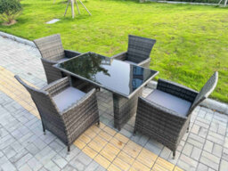 Fimous Rattan Garden Furniture Dining Set 4-Seater Patio Black Glass Table Chairs Outdoor Dark Grey Mixed