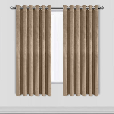 Imperial Rooms Crushed Velvet Window Curtain Pair Thermal Ready Made Blackout Eyelet Curtains Beige 46X54 Inches - image 1