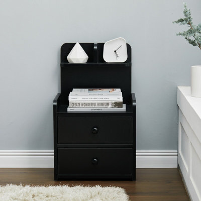 Living And Home Black Wooden Bedside Table Nightstand With 2 Drawer And Storage Shelf - image 1
