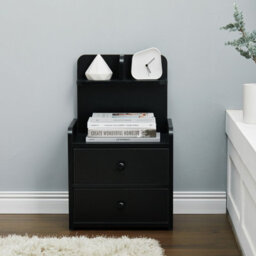 Living And Home Black Wooden Bedside Table Nightstand With 2 Drawer And Storage Shelf - thumbnail 1