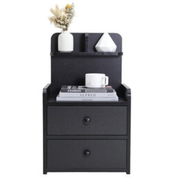 Living And Home Black Wooden Bedside Table Nightstand With 2 Drawer And Storage Shelf - thumbnail 3