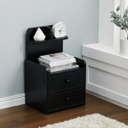 Living And Home Black Wooden Bedside Table Nightstand With 2 Drawer And Storage Shelf - thumbnail 2
