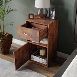 Urbn-Living Urbnliving 54Cm Height Rustic Brown 1 Door 1 Drawer Wooden Bedroom Bedside Cabinet Shelf Nightstand Side Table Unit - thumbnail 3