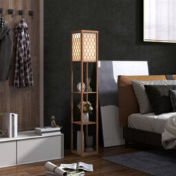 Homcom Modern Floor Lamp Light With 3 Shelves Fabric Lampshade Natural