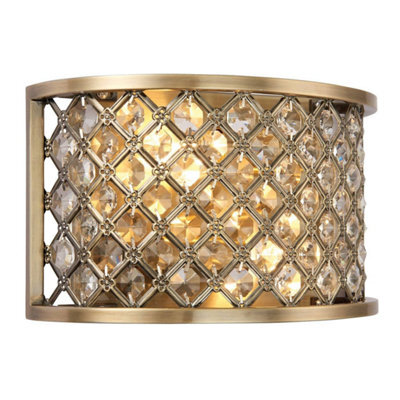Luminosa Lighting Luminosa Hudson 2 Light Indoor Wall Light Antique Brass With Crystal, E14
