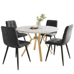 Matteo 5-Piece Modern Round Dining Table Set With White Marble-Effect Top, Gold Metal Legs & 4 Grey Velvet Ergonomic Chairs - thumbnail 5