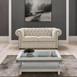 Chesterfield 2 Seater Shelly Beige Leather Sofa Settee Bespoke In Classic Style - thumbnail 2