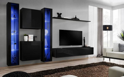 Arte Switch Xvi Black Gloss Entertainment Unit For Tvs Up To 75 Inch - Sleek Wall Display With Illuminated Glass Shelves