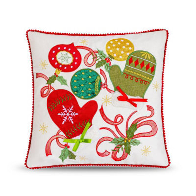 Luxury Living Embroidered Christmas Cushion With Mittens, Baubles & Bell - image 1