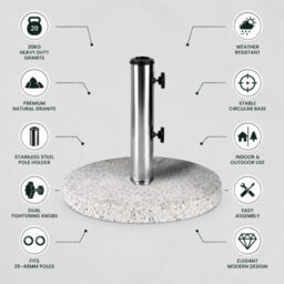 Billtix 20Kg Granite Parasol Base Stand Heavy Duty Garden Umbrella Holder With Dual Knobs For 35-48mm Poles White - thumbnail 8