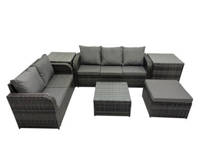 Fimous Wicker Pe Rattan Garden Outdoor Furniture Set Love Sofa Square Coffee Table Set With Big Stool 2 Side Tables - image 1