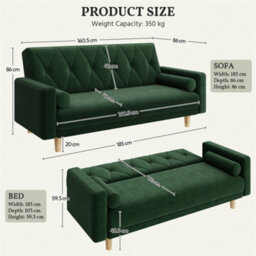Yaheetech Velvet Convertible Sofa Bed With 2 Bolster Pillows For Living Room/guest Room, Green - thumbnail 3