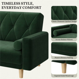 Yaheetech Velvet Convertible Sofa Bed With 2 Bolster Pillows For Living Room/guest Room, Green - thumbnail 4